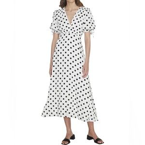 NWT FAITHFULL THE BRAND MEJIA V-NECK SHORT SLEEVE WHITE POLKA DOT MIDI DRESS
